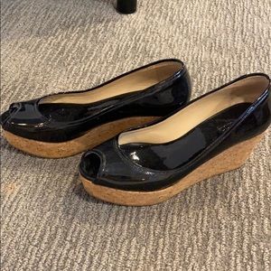 Jimmy Choo patent leather cork peep toe wedges